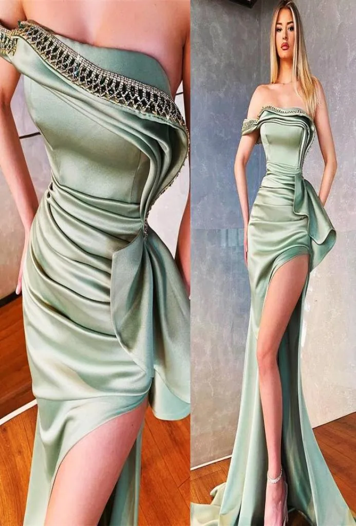 Green plus taille arabe aso ebi sirène cristaux sexy robe de bal de bal robes de soirée sans bretelles