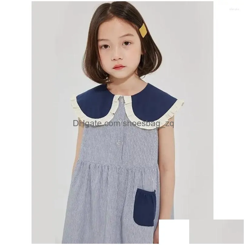 Kızlar Elbise Kız Elbise Yaz 2024 Çocuk Mavi Striped Pamuklu Tatlı Dantel Yakası Kollu Etek 110-160cm Çocuklar Damla Teslimat Bab Dhyt1