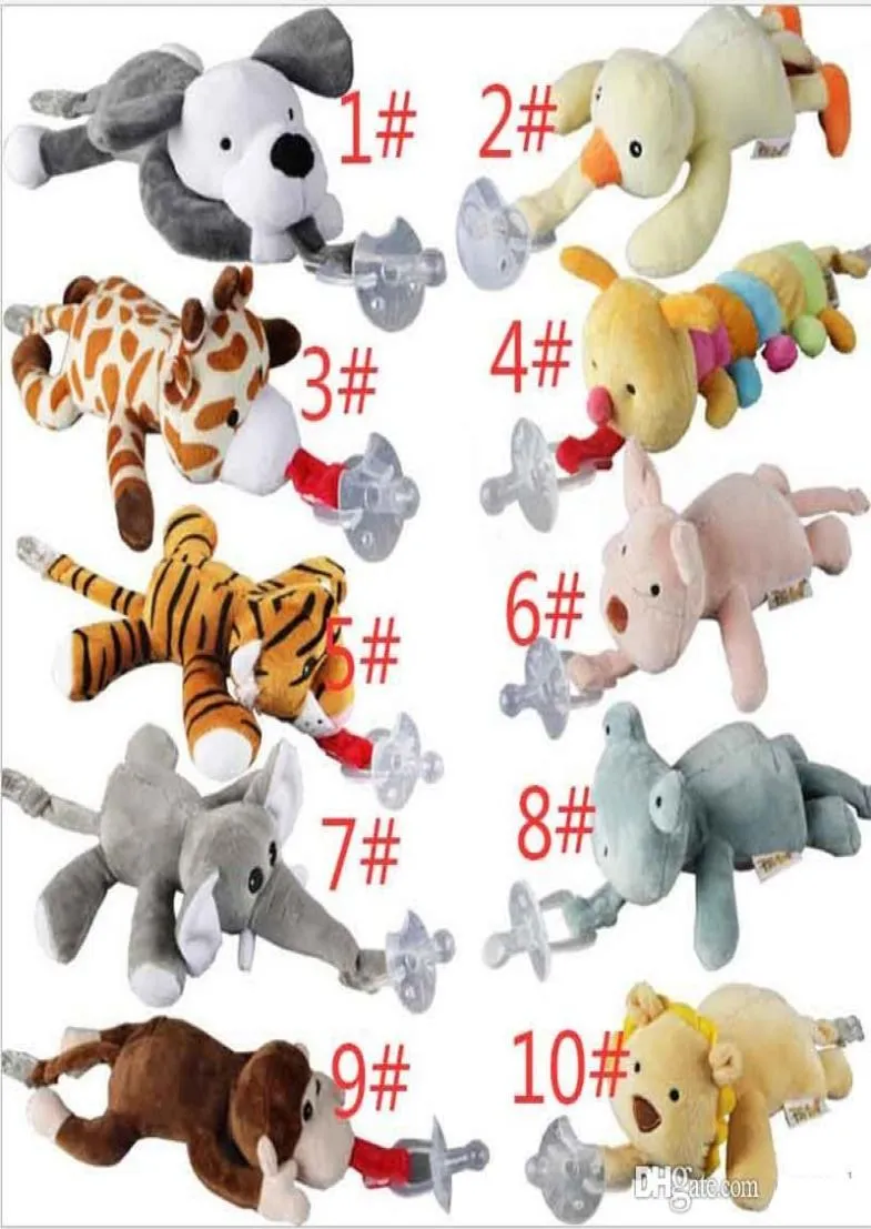 10 Stil Ny silikon Animal Pacifier med Plush Toy Baby Giraffe Elephant Nipple Kids nyfödda småbarns barnprodukter inkluderar Pacif3079458