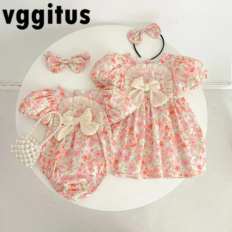 Summer Family Dopasowanie strojów Dziewczęce Sióstr Kwiatowa Księżniczka Dressbaby krótkie rękawy Puff Bodysuit H5503 240327