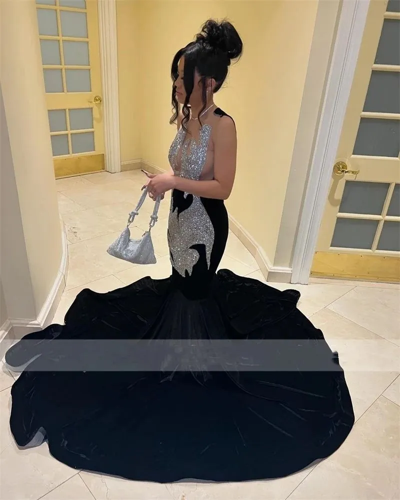 Sexy Sheer O Neck Long Prom Dress For Black Girls 2024 Beaded Crystal Rhinestone Birthday Party Dresses Mermaid Evening Gowns