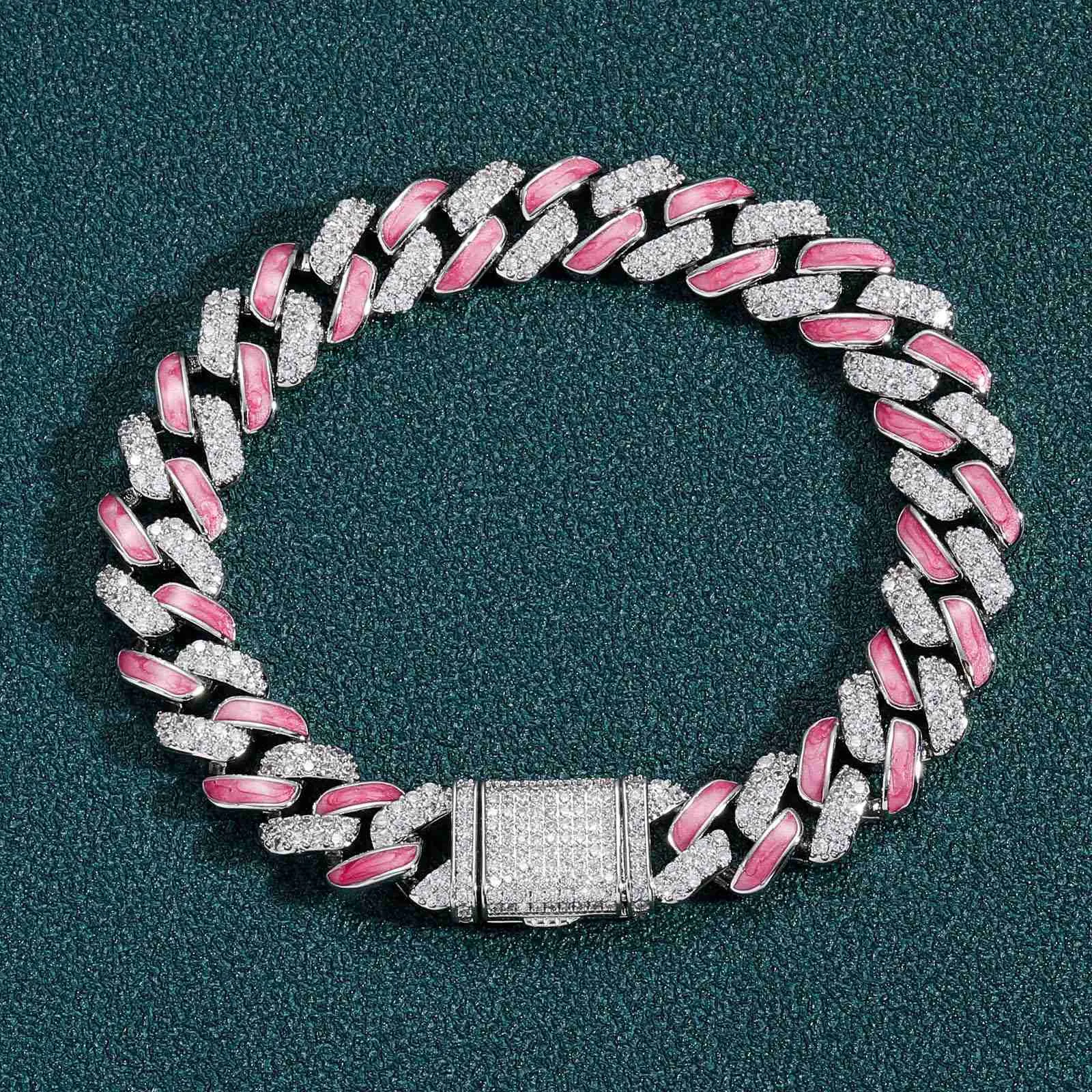 Nieuwe armband roze Cubaanse armband 925 SILVER HIP HOP SIERARY 12 mm breedte gepersonaliseerde armband voor mannen en vrouwen