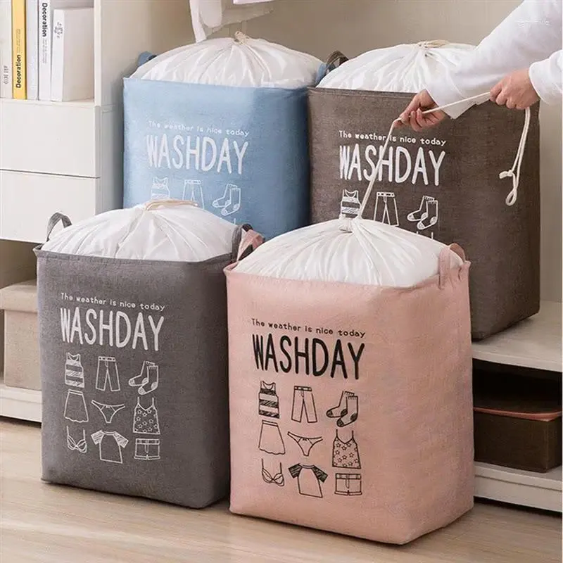 Laundry Bags Household Bag 75L Cotton Linen Dirty Basket Foldable Squre Drawstring Storage Bin Waterproof Organizer Bucket