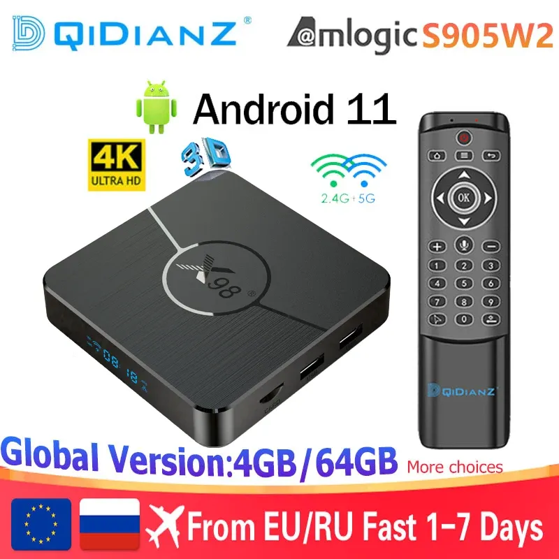 Boîte X98 Plus Smart TV Box Android 11 Amlogic S905W2 Prise en charge AV1 5G WiFi BT 4K Media Player X98Plus Set Top Box