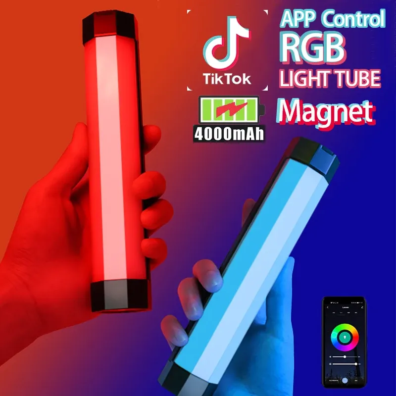액세서리 P200 RGB 비디오 라이트 튜브 LED 채우기 사진 소프트 라이트 스틱 방수 방수 비디오 앱 제어와 함께 Tiktok YouTube