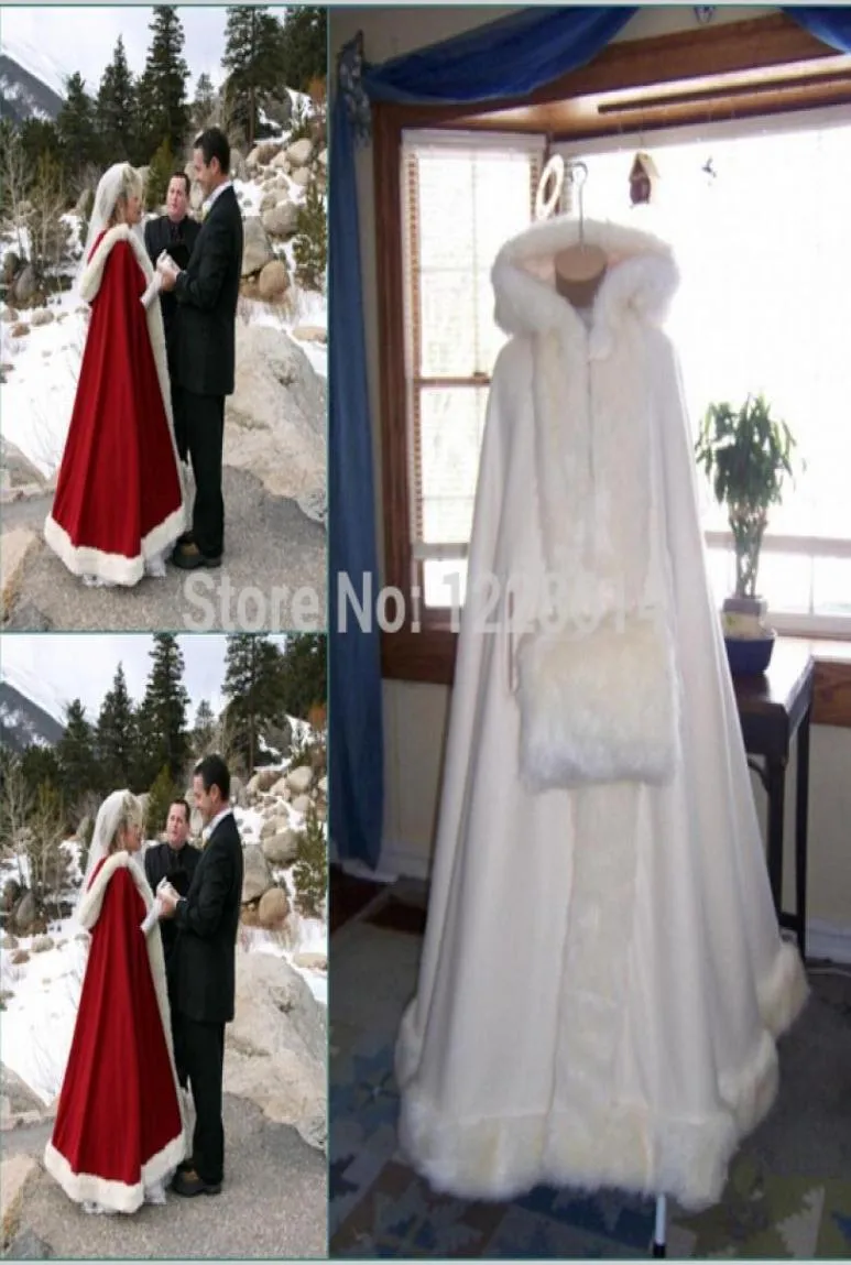 2020 Romantic Real Image Hooded Bridal Cape Ivory White Long Wedding Cloaks Faux Fur For Winter Wedding Bridal Wraps Bridal Cloak 4094329