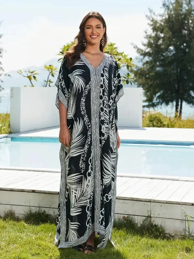 Casual jurken EDOLYNSA Zomer Boheemse bedrukte strepen Oversize Kaftan Women Holiday Beach Dress Soft Seaside Beachwear Maxi Q1601