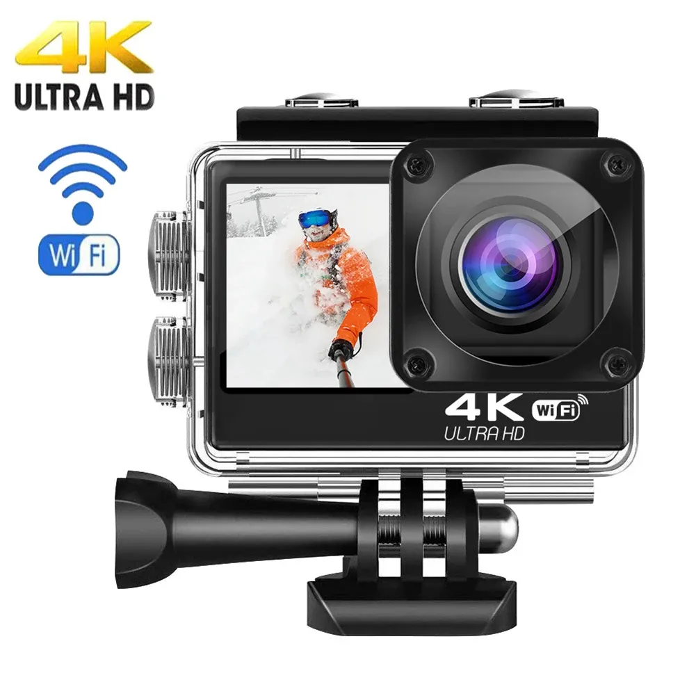 カメラ4K 24MP WiFiアクションカメラ60fps 2.0 ''デュアルタッチEIS LCDスクリーン防水リモートコントロール4xズームビデオレコーダースポーツカメラ