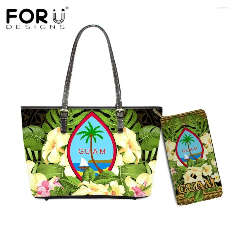 TAG VOORTEKT Trend Brand Vrouwelijke totes Guam Polynesische tribal met Hawaiiaanse bloemdruk PU LEDERWORTINGEN SAC A Main