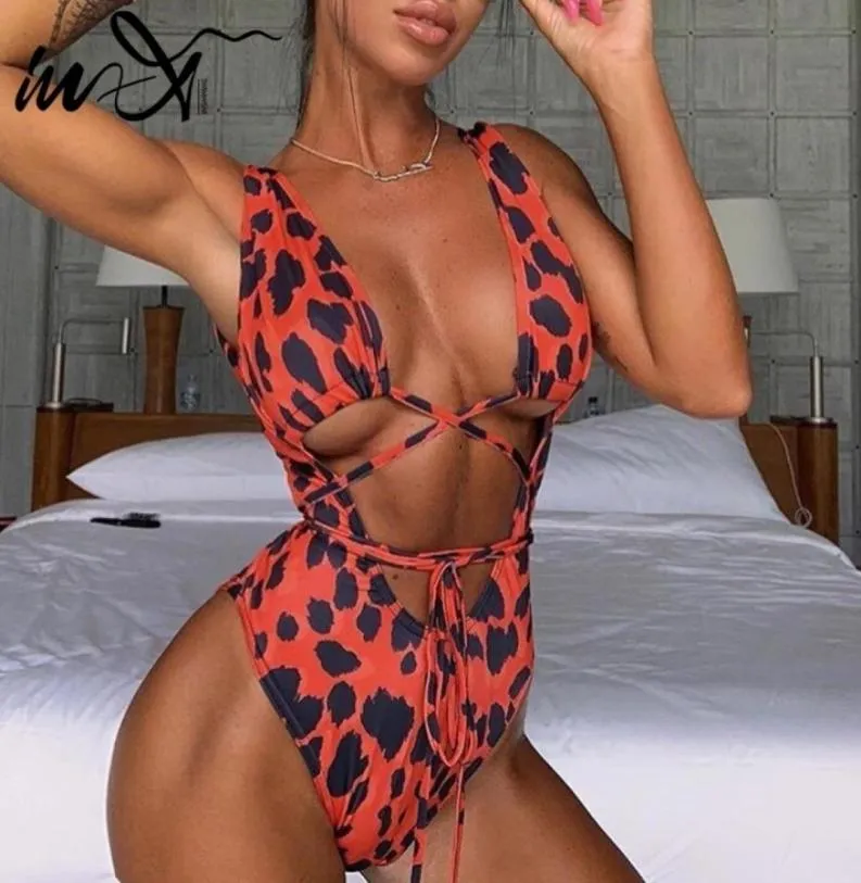 Inx sexy één stuk zwempak vrouwelijke touw Monokini luipaard print bikini 2019 plus size zwemkleding vrouwen bodysuit rood badpak7076109613