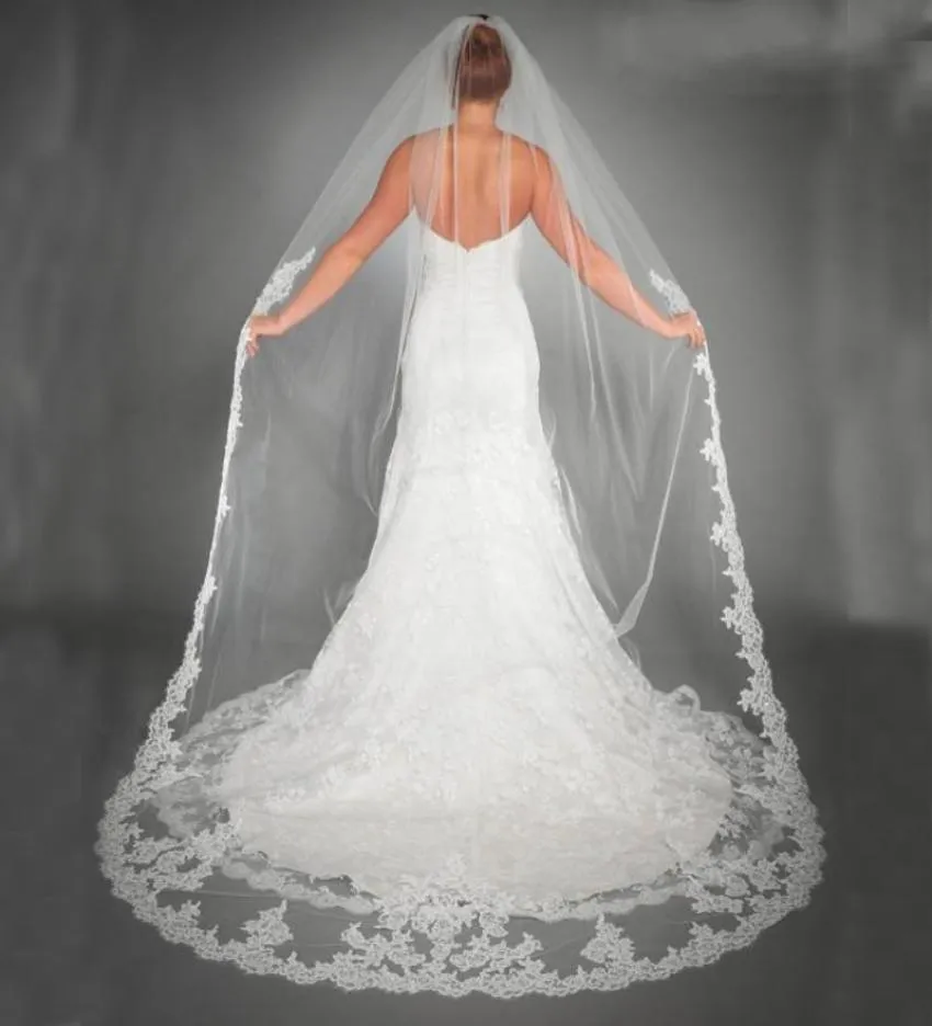 Prachtige mooie witte tule tule bruids sluiers bruidsaccessoires kanten appliques rand lange bruids soft tule voor bruiloft par420411444