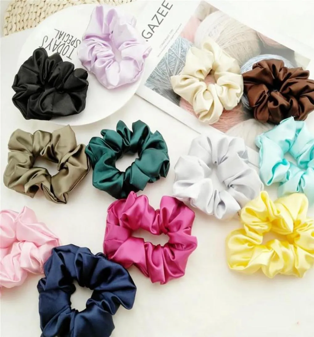 Scrunchies de cabelo feminino Faux Silk Solid Heads Bands Girls Trecy Belas Cordas de Ponytail Acessórios para cabelos macios 12 cores2145694