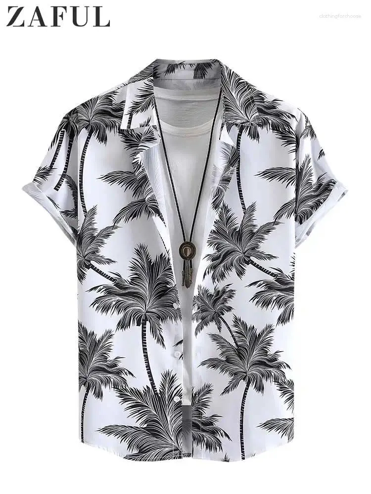 メンズカジュアルシャツZaful Hawaiian for Men Tropical Coconut Tree Print半袖シャツ夏のビーチボタンバケーショントップZ5037732