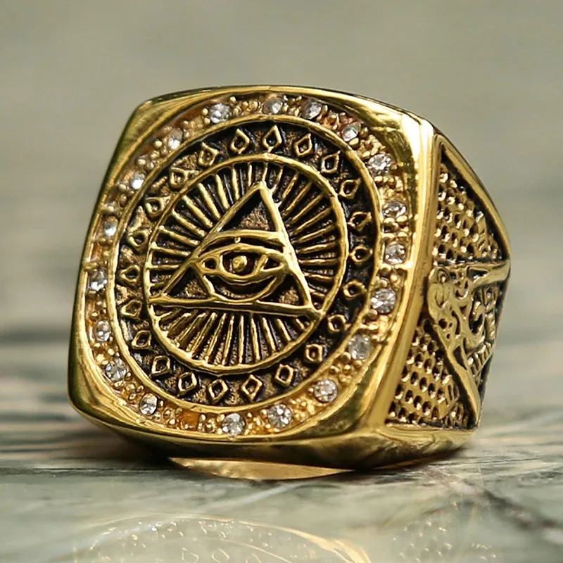 Vintage 14K Gold Heavy All Seeing Eye Ring For Men Crystal Gold Color Mason Masonic Punk Male Ring Fashion Jewelry Gift