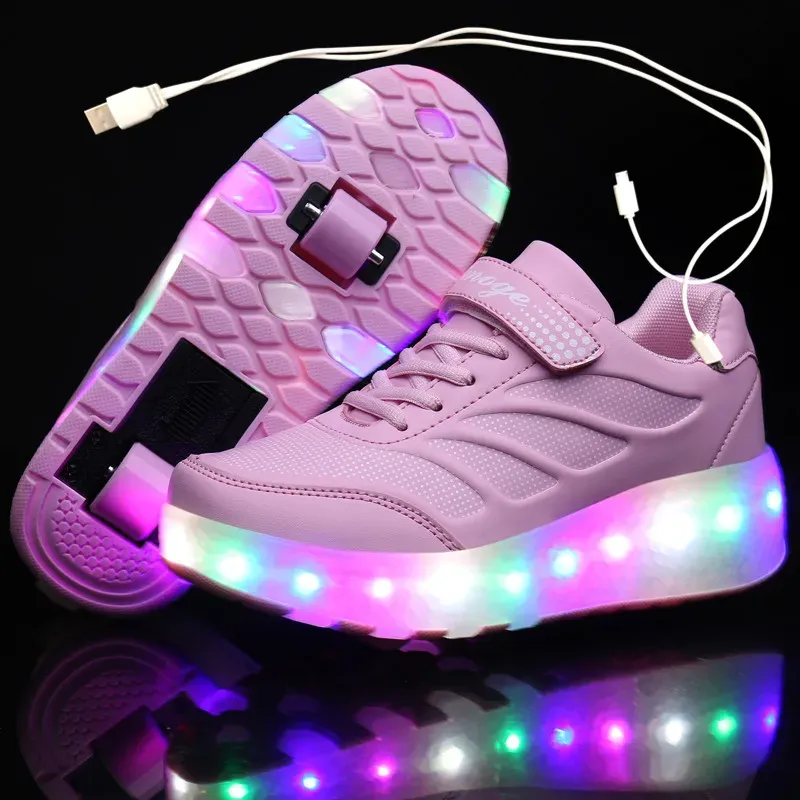 Sneakers USB laddar svarta två hjul lysande sneakers ledande lätta rullskridskor för barn barn ledskor pojkar flickor 2843