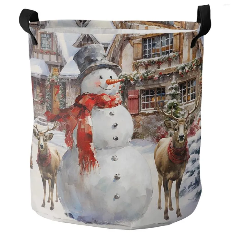 Bolsas de lavanderia Pintura a óleo de Natal Maninho de neve, alces da fazenda vintage cesta suja de cesta de casas dobráveis Organizador infantil armazenamento de brinquedos