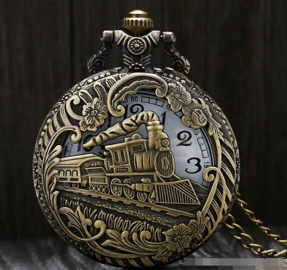 New Retro Silver Charming Golden Train Engraving Hollow Steampunk Quartz Pocket Watch Men039S NETLACE Pendant Gift MM123125569