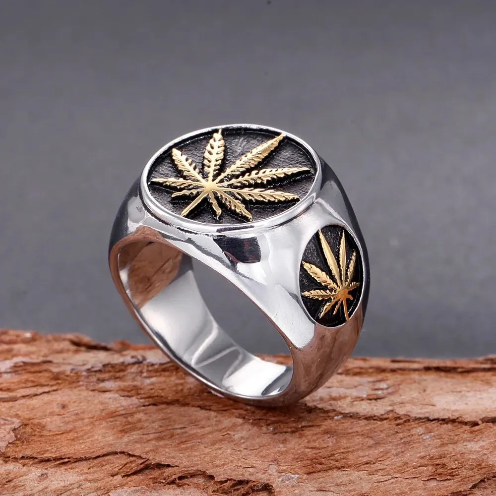 Hiphop Maple Leaf Mens 14K Gold Ring Hip hop Punk Style Signet Ring For Rocker Mujer Hemp ring Male