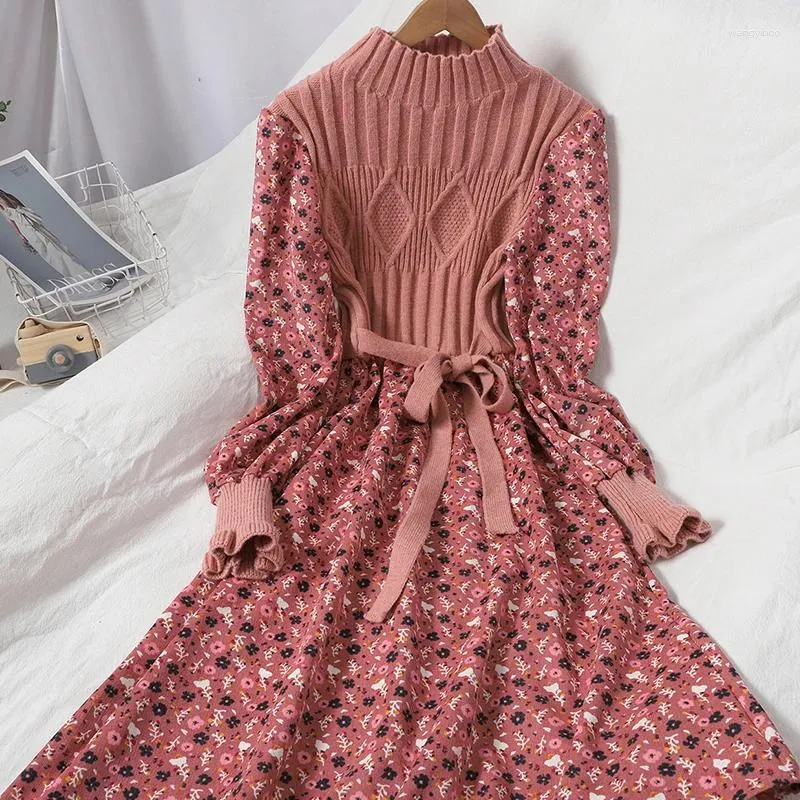 Vestidos casuales Vestidos de tejido de punto Bow Floral A-Line Vintage Women Autumn Winter Sweet Robe Femme