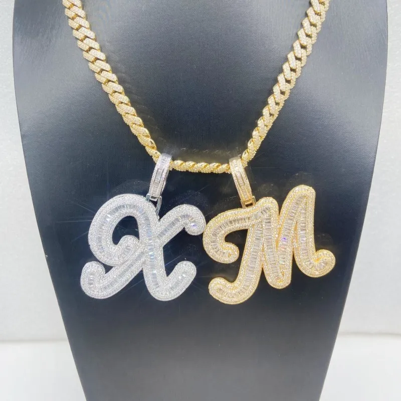 Men Women Custom Name Letters Necklaces Yellow White Gold Plated Bling Cubic CZ Baguatte A-Z Letters Necklace with 3mm 24inch Rope Chain