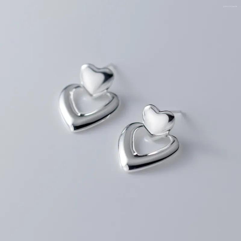 Boucles d'oreilles en peluche 925 Sterling Silver Love Heart for Women Girl Smooth Geometric Hollow Out Design Bijoux Party Gift Drop