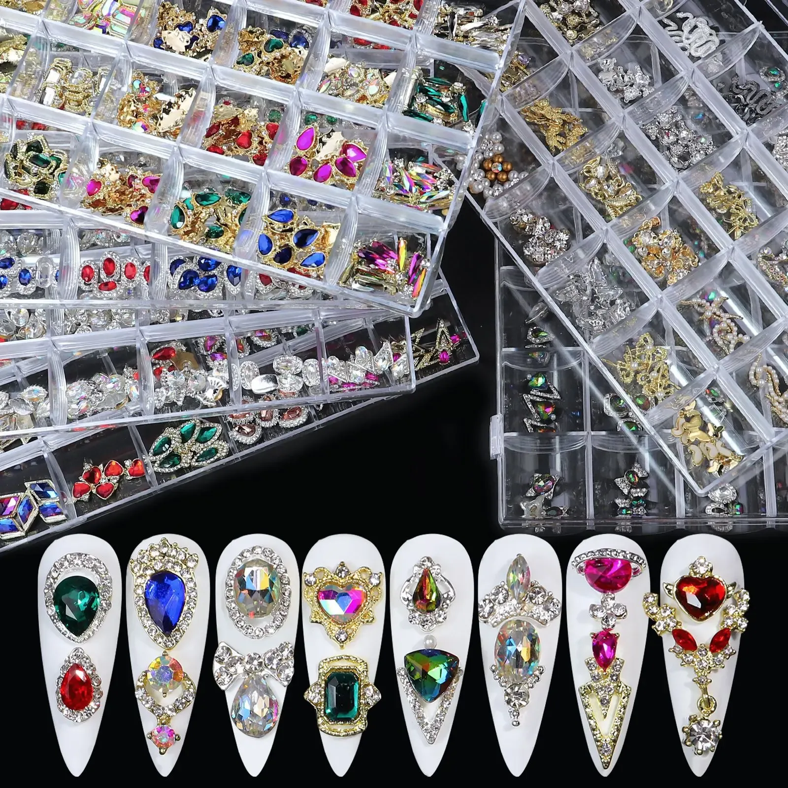 Décalcomanies 24 grilles kit d'ongle en alliage conception de bijoux charms rivet bowknot diamant pour ongle bricolage 3d décous