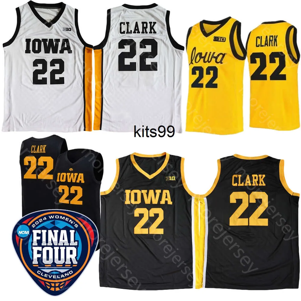 2024 النهائي أربعة قمصان 4 نساء كرة السلة كرة السلة Iowa Hawkeyes 22 Caitlin Clark Jersey NCAA Black White Yellow Men Size S-3XL