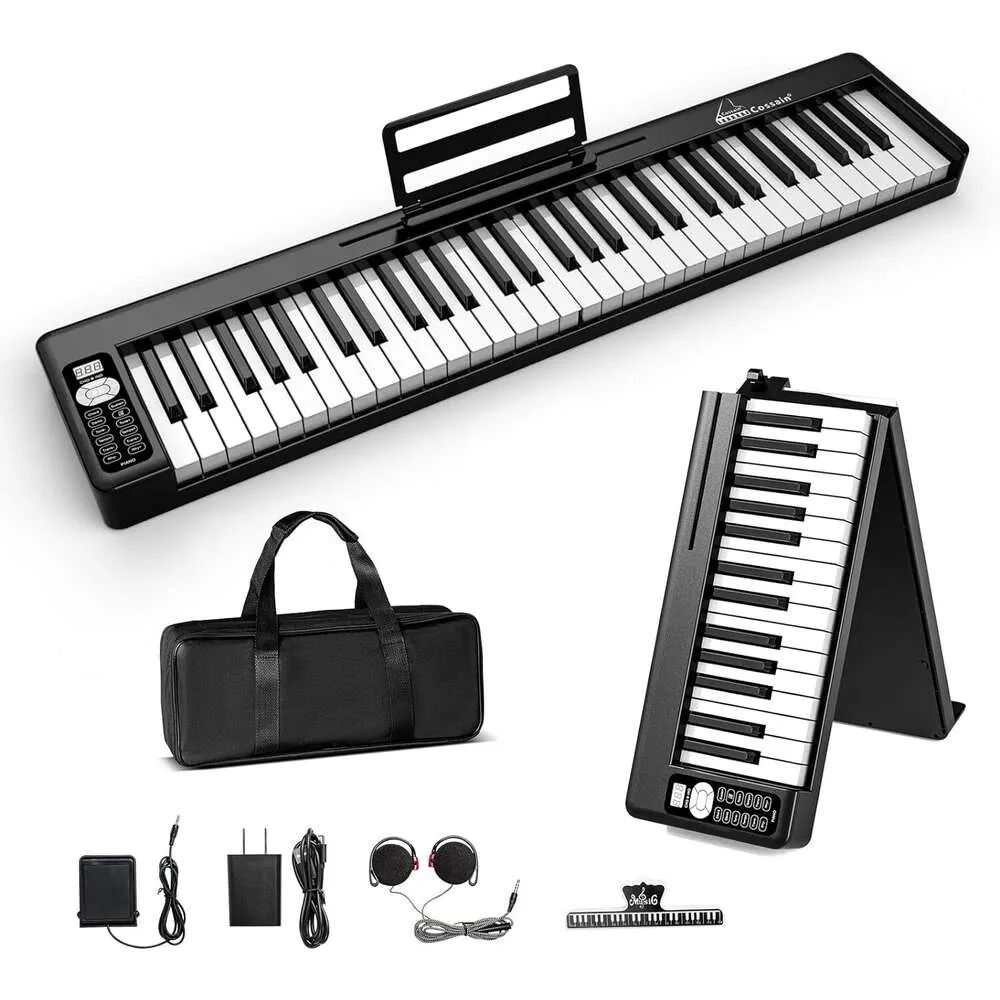 61 Piano digital dobrável com Bluetooth, teclas semi-ponderadas sensíveis ao toque-teclado portátil para iniciantes, adolescentes, adultos com bateria recarregável e bolsa de piano