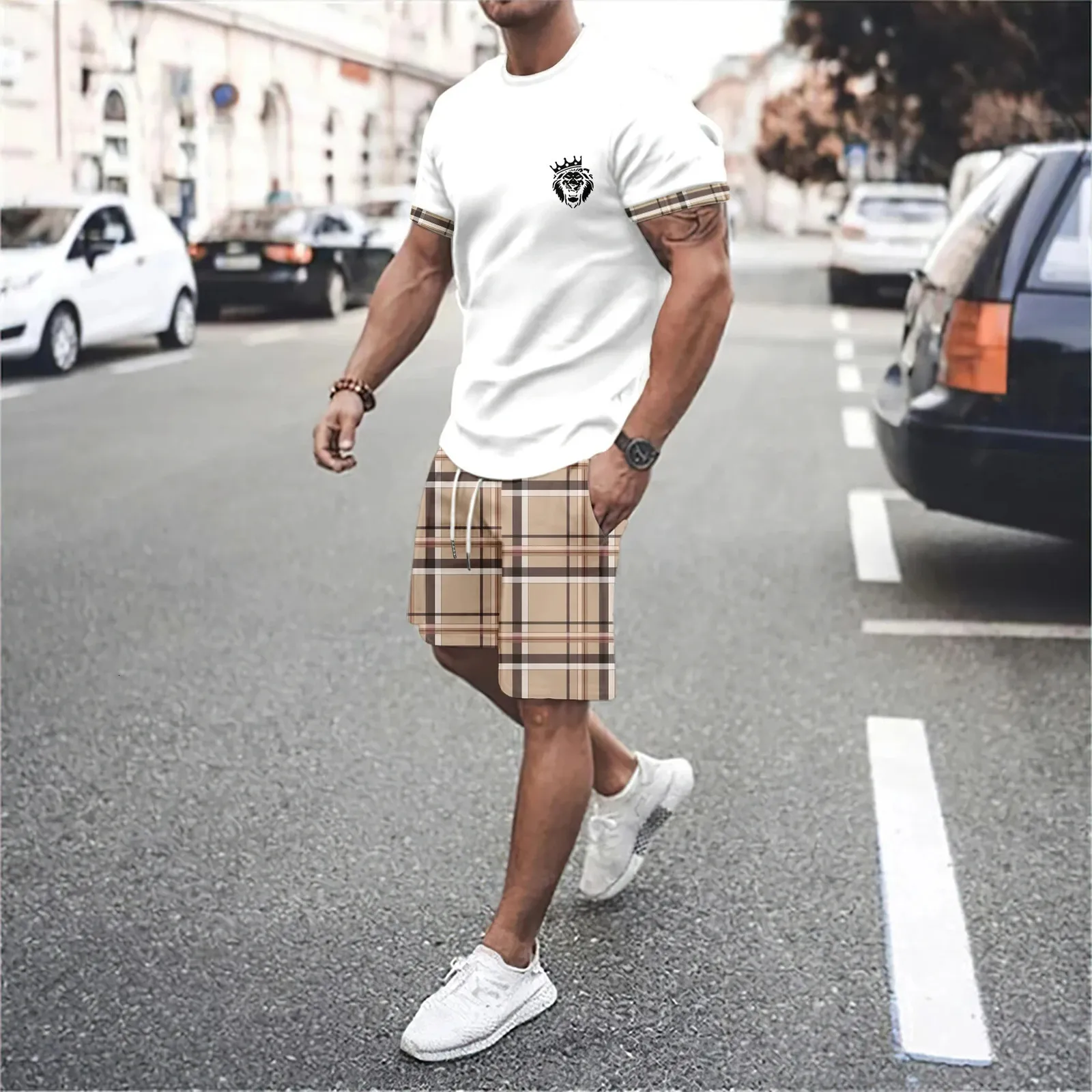 Mens Resort Sports Style T-Shirt Digital bedrucktes T-Shirt und Shorts Set Oversie Casual Beach Wear für den Sommer 240329