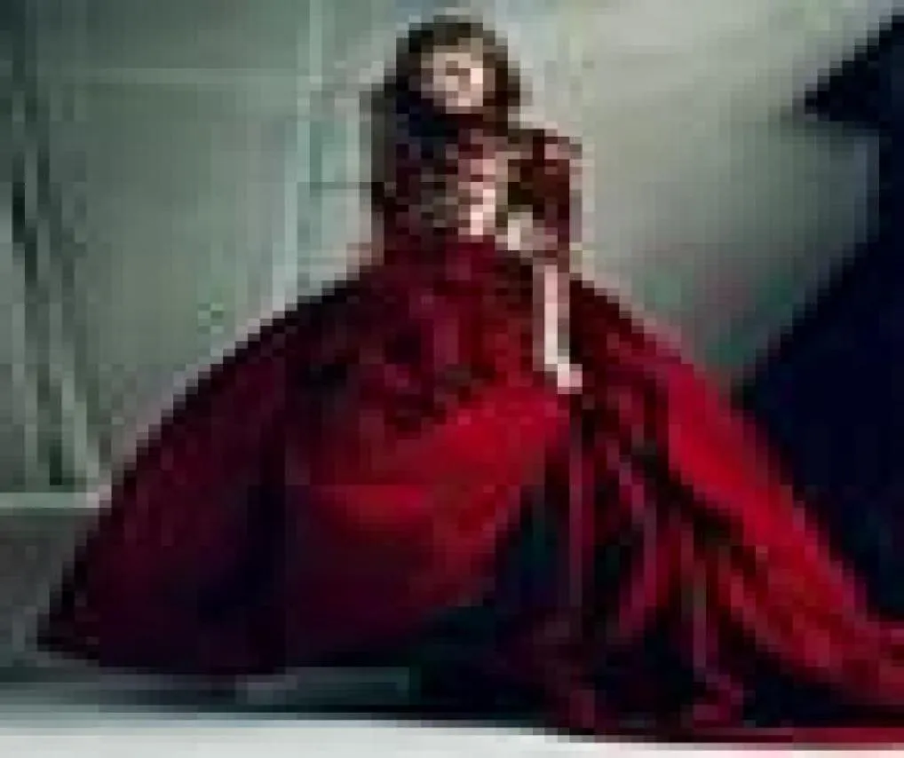 Robes de bal appliqués rouges foncées robes de bal à cou chare haut manches longues robes de soirée balayez le train satin robe formelle8246368