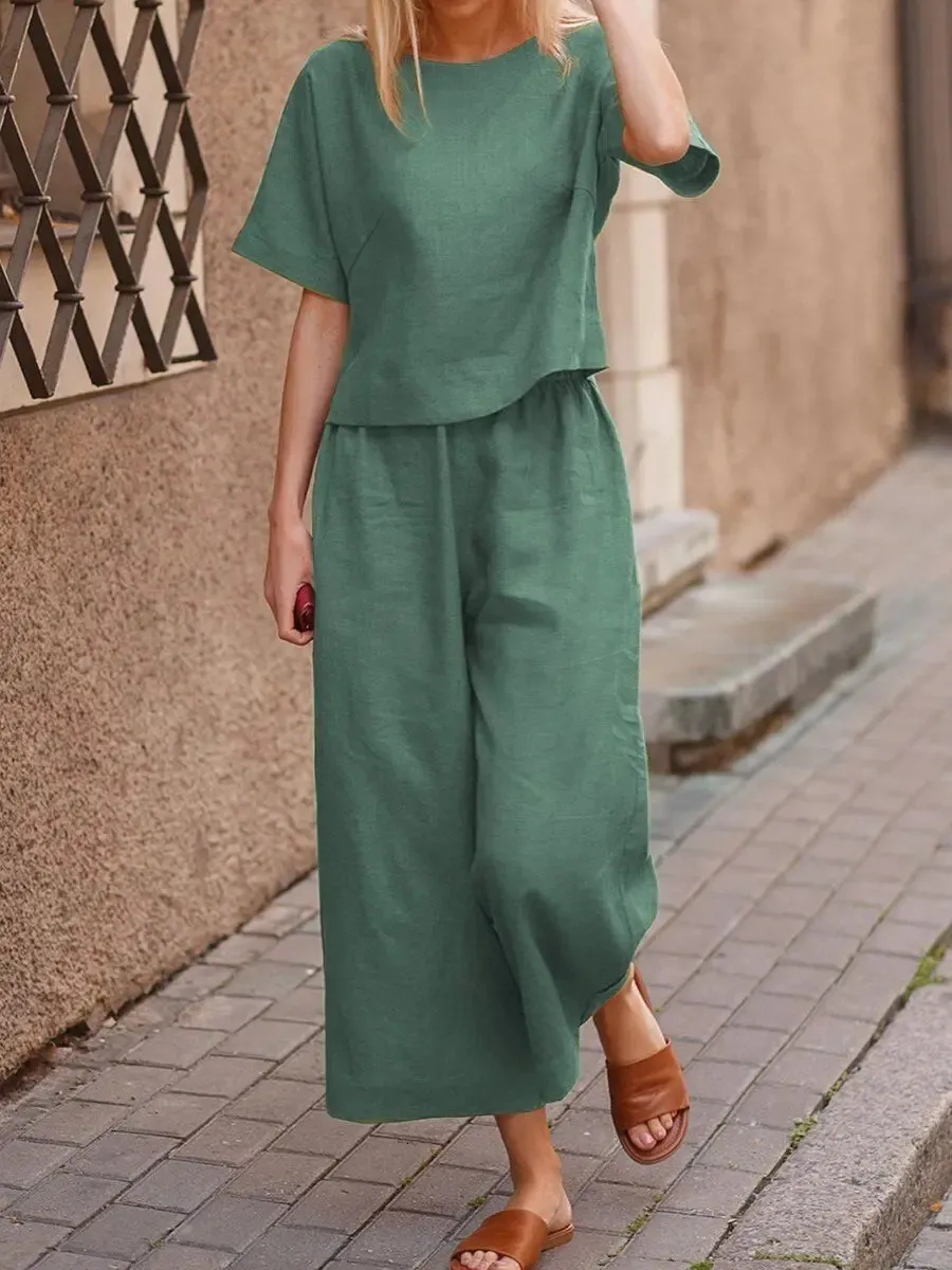 Womens Cotton Linen Suits Tracksuit Casual Long Pants Set Short Sleeve Shirt Cropped 2 Piece S Loose Trouser 240408