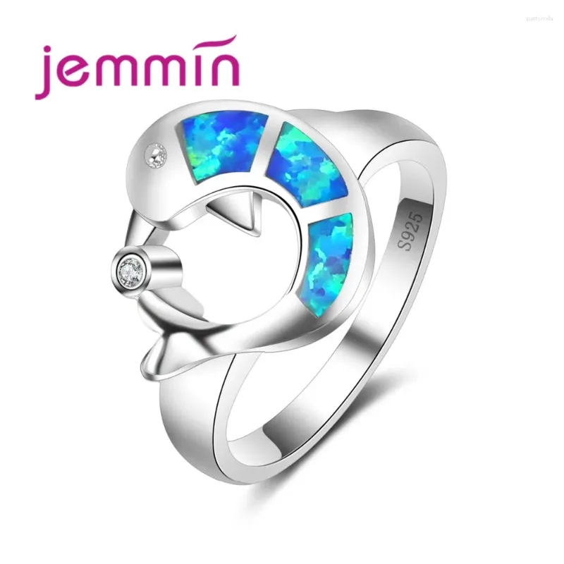 Cluster anneaux bien mignon dolphin forme 925 Sterling Silver Opal pour enfants Girls d'anniversaire Gift Autrichien Crystal anillos Bague