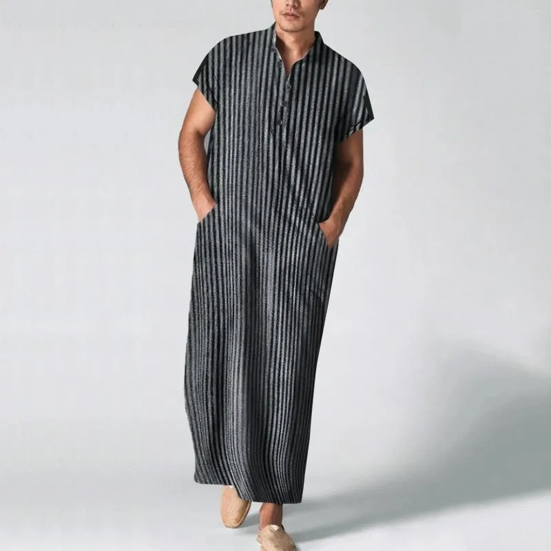Ethnic Clothing Mens Muslim Stripes Print Embroidered Robe Fashion Casual Loose Short Sleeve With Pockets Islamic Arab Dubai Shirts