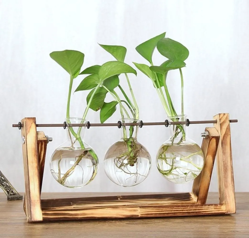 Vintage Creative Hydroponic Plant Vase Vase Frame en bois Coffire Salle Boutique Verre Plant Plante Bonsaï Décor Home Flower Vas9812710