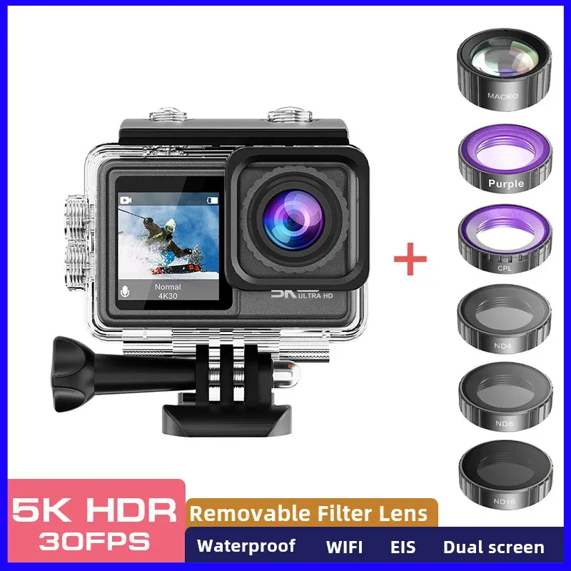 Kamery 5K 30 FPS Kamera Działana Wyjmowana obiektyw 4K 60 FPS Podwójny ekran filmowy Wodoodporna kamera Wi -Fi z zdalnym sterowaniem