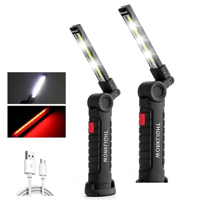 Flashlights Torches Cob Led Usb Rechargeable Portable Work Light Magnetic Base Hanging Lamp With Battery Cam Drop Delivery Dhmn3