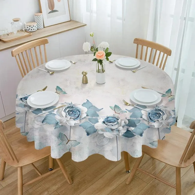 Table Cloth Blue Rose Butterfly Flower Round Tablecloth Waterproof Cover For Wedding Party Decoration Dining