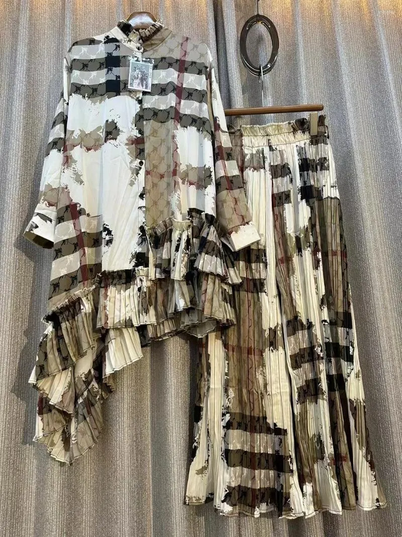 Dames tweedelige broek Vintage Sets voor vrouwen staan Kraag met lange mouw onregelmatige tops hoge taille vouwen losse broek afdrukken casual set