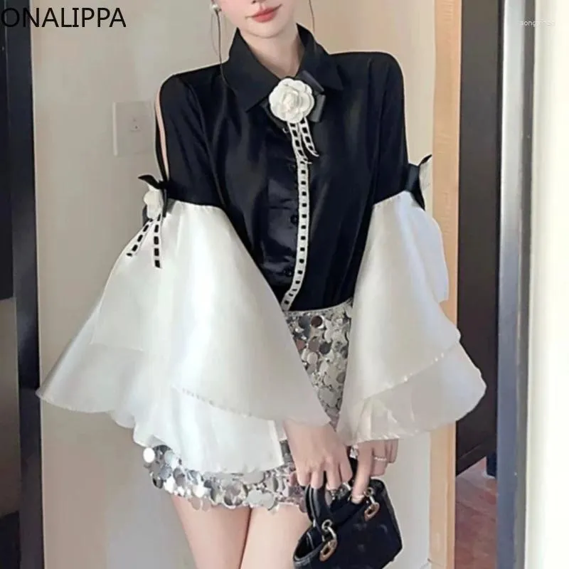 Women's Blouses Onalippa Flare Long Sleeves Contrast Blouse Women Three Dimensional Flowers Shirts Sexy Celebrity Style Cut Out Ruffles