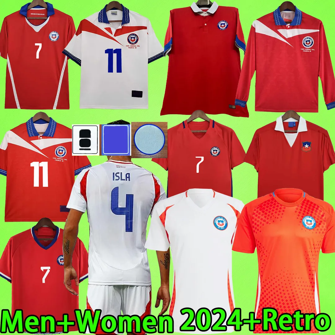 Femmes 2024 Chili Jerseys de football 1982 1998 2014 Retro Home Away Vintage Football Shirt 82 98 14 16 17 23 24 25 Uniforme Salas Zamorano Vidal Alexis M.Gonzalez Manches longues