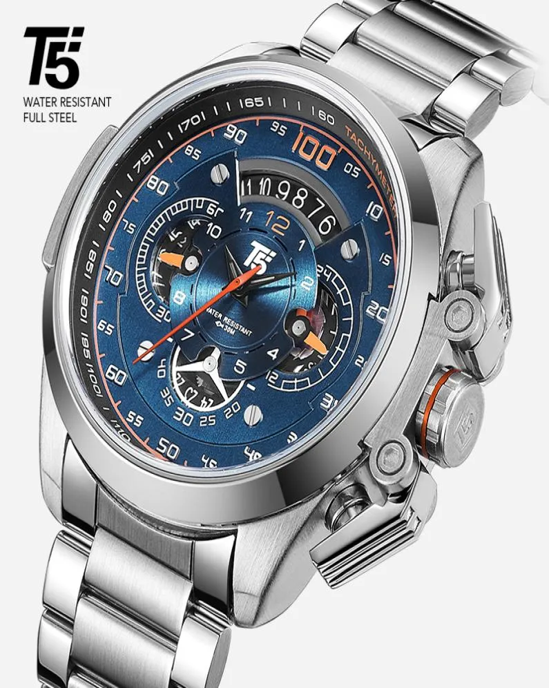 T5 Brand Luxury Black Gold Male Watch Military Quartz Sport Wrist Watch Men Chronograph Waterproof Mens Watches Sport Wristwatch2674981