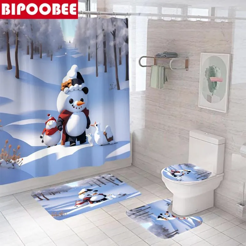 Rideaux de douche 3d Snowman Curtain imprimé Joyeux Noël Salle de bain Set Fabric Baignoire Snow Pine Treelet Couvercle de bain Tapis de bain