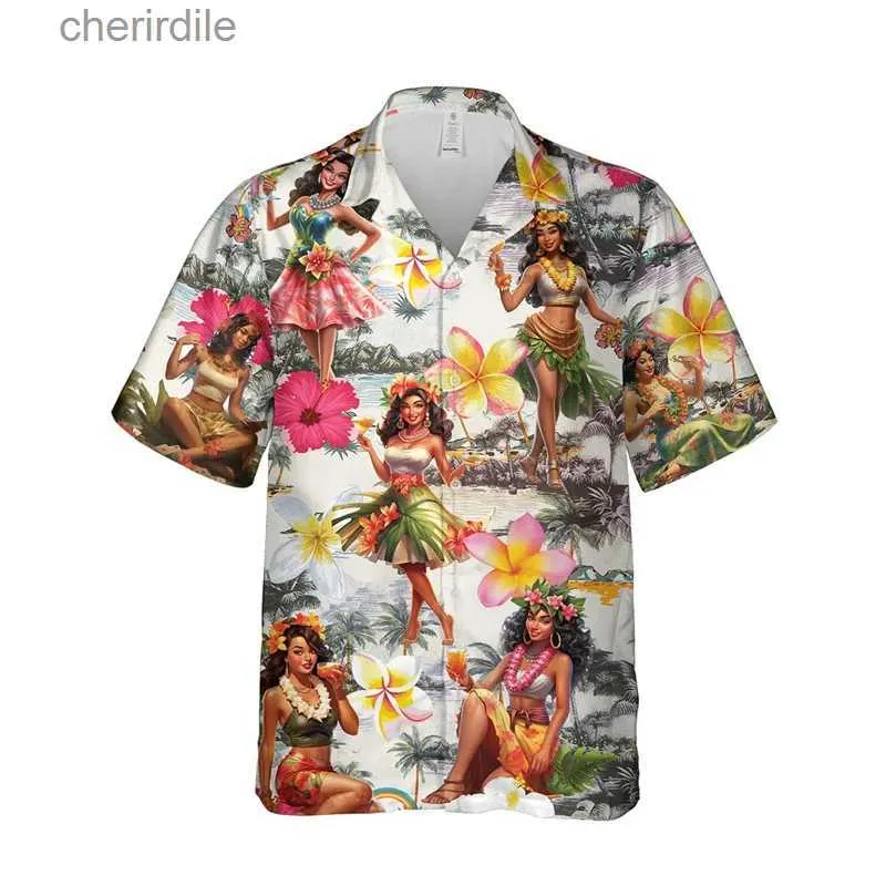 Men's Casual Shirts 3D printed grass skirt girl graphic beach shirt mens casual short sleeved Hawaiian dancer Blouses Aloha beach button mens top yq240408