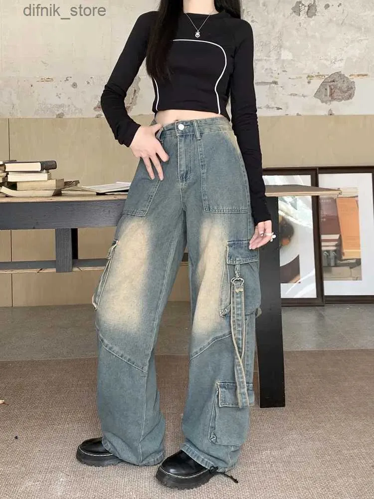 Frauen Jeans 2023 Y2K Strtwear -Gurt Multi -Taschen Vintage Blue Baggy Cargo Jeanshose für Frauen Kleidung Weitbein Straight Lady Hosen Y240408