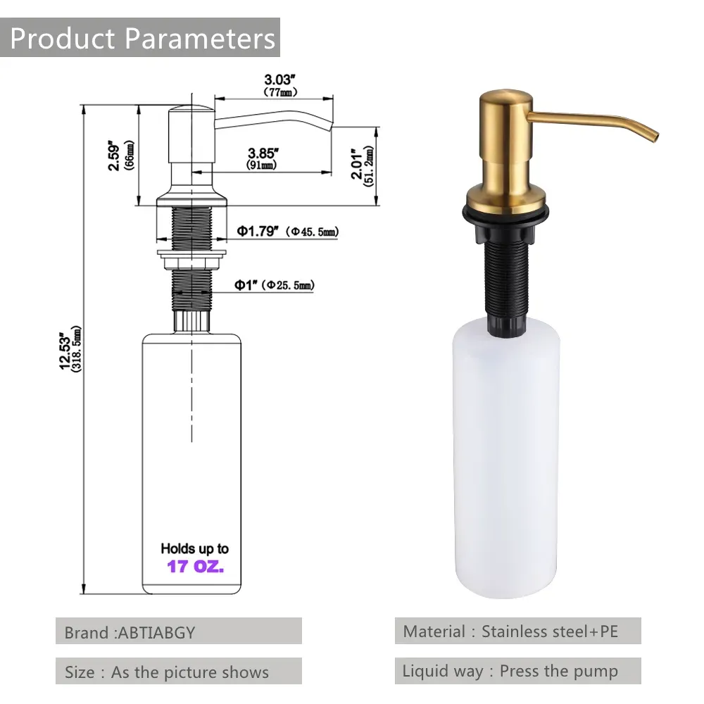 Liquid Soap Dispenser Countertop Stainless Steel Kitchen Sink Brushed Gold Liquid Soap Dispenser Large Capacity Liquid Detergent Pump Bottle 221006