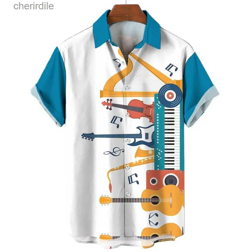 Men's Casual Shirts Colorful music Hawaii mens 3D saxophone guitar printed rock shirt beach short sleeved casual oversized top yq240408