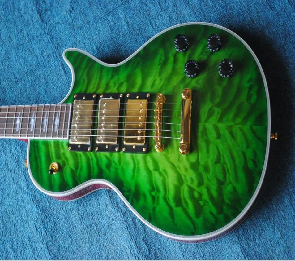 Custom Ace Frehley Signature Green Quilted Maple Top Electric Guitar 3 Humbucker Pickups Lightening Bolt Inlay Grover Tuner GOL2946541