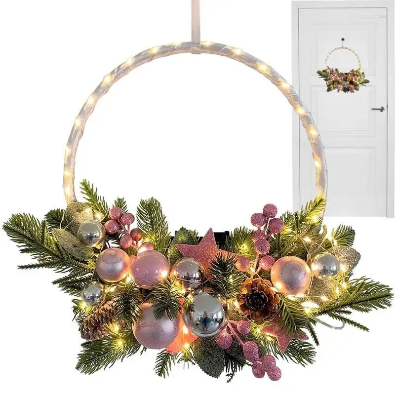 Flores decorativas iluminadas Artificial Christmas Wreath Reutilable Outdoor LED para o inverno com timer e luzes