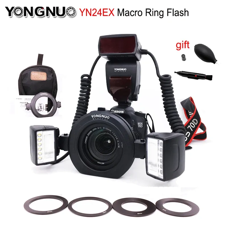 Сумки yongnuo yn24ex yn24 ex ro Кольцевой флэш -световой свет e ttl speedlite с двойной 2*флэш -головкой + 4*Адаптерные кольца для камер Canon EOS