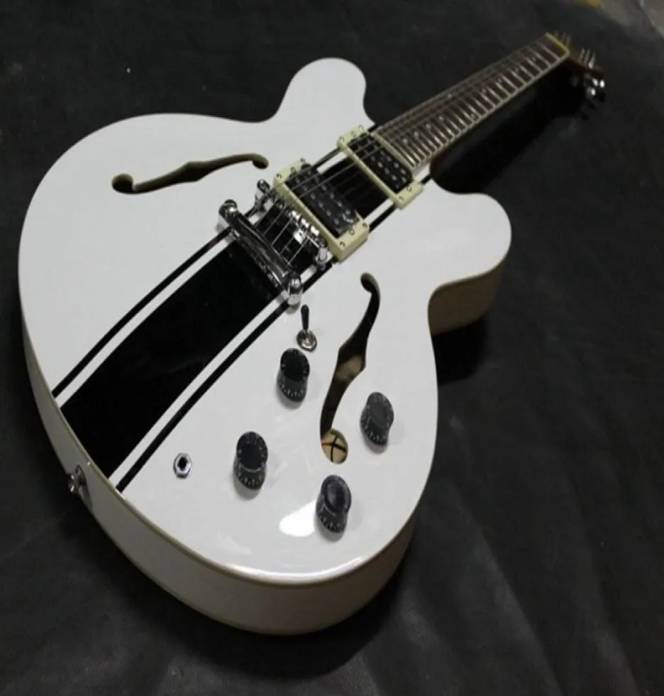 LOJA CUDDADA ES 333 TOM DELONGE Signature Semi Hollow Body White Black Stripe Jazz guitarra elétrica Double f Hole Dot Inclay Grove9271274